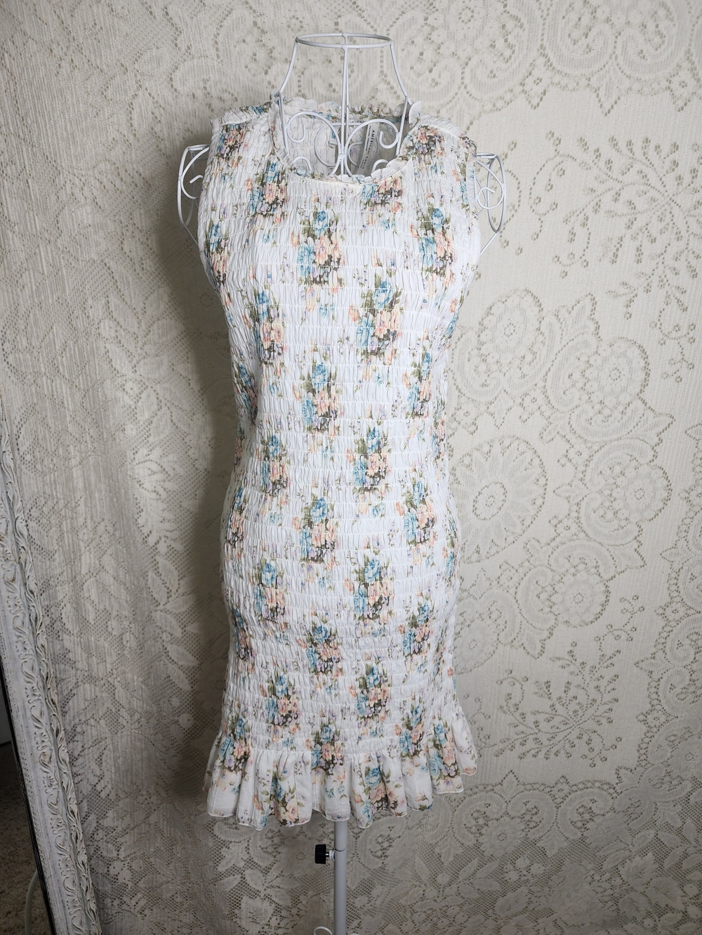 American Eagle Outfitters White Floral Smocked Mini Dress